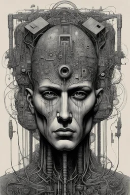 The face of a man with a Indian fathers on head with computer chips a thin line draw ، front view camera, decayed and rotting with grotesque proportions and imagery. surreal horror, biomechanical design, by hr giger and beksinski , fine lines draw