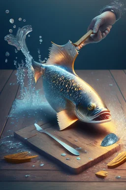 a 3d rendering of a beautiful genius fish with hands and fingers, down in the sparkly water, producing a wooden table and a big knife