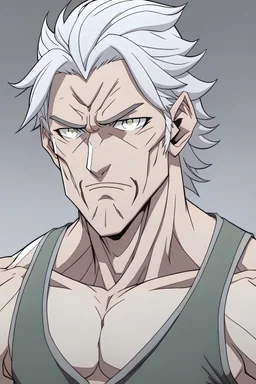 Anime Man main character with gray hair,, too much muscles,aged 38