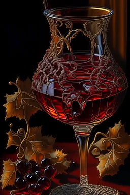 A Still life, a glass of wine, intricate, melted glassprint