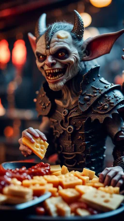 portrait of a vampire werewolf gremlin with mustage eating cheese doodles and the blood of fish on a viking ship, in the style of Giger,bokeh like f/0.8, tilt-shift lens 8k, high detail, smooth render, down-light, unreal engine, prize winning