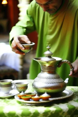 A traditional Moroccan tea ceremony, where a man in a classic djellaba is pouring mint tea from a silver teapot into small, ornate glasses.