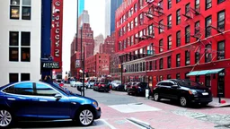 A Tesla's 'Model S Plaid' is parked, on the South Street Seaport, in New York. CINEMATIC. WIDE ANGLE LENS. PHOTO REAL.