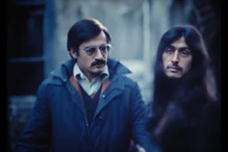 a man and a woman standing next to each other, 1 9 7 0 s analog video, with mustache, assyrian, small glasses, cold scene, out of focus background, house on background, the woman has long dark hair, the photo shows a large, deiv calviz, before the final culling