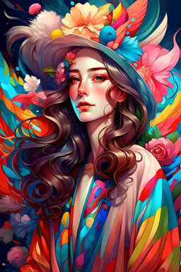 a woman in boheme chic outfit adorned with flowers, vibrant colors, anime-inspired, soft pastels, brush strokes, ethereal, digital painting, beautiful and intricate patterns, delicate curls, rainbows, playful, stylish, high contrast, striking shadows, fantastical elements, modern twist, retro vibes, lively and energetic, surrealistic elements, kaleidoscopic patterns, dreamlike atmosphere, whimsical, effervescent, contemporary flair, eye-catching details, magical ambiance, lively, youthful, pop-a