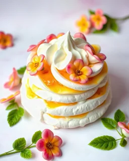 Fruit meringue decorated with cream and whipped cream. white marmalade background with pink-blue-yellow gradient, pink-blue-yellow marmalade flowers and green leaves in the corners, sweet confectionery style.