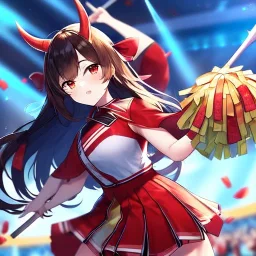 Clear focus,High resolution,High quality, Black long hair, Red eyes, Red horns, Cheerleader