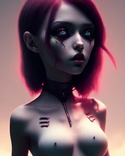 art of a short devil girl with black horns and deep red hair with green eyes, soft lighting, complimentary pastel gradients, high definition, 3d icon clay render, blender 3d