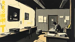 An expressionism, by Willem de Kooning, and Robert Motherwell, of a sad view of worker in office, brutalism