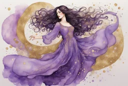 Dynamically dancing long haired brunette woman, in Klimt style, in lilac, watercolor and ink, golden glitters