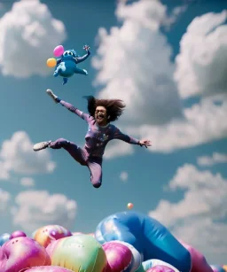 Ultra realistic clouds sky scene, wide angle, sweet childs falling down, inflatable color clothing, free jumping flying, many trinkets, monster hair, hair monster, many jelly beans, balls, smile, happy, circus style, extreme, wind, clouds sea, 20,000 feet altitude, stratosphere, soft color, highly detailed, unreal engine 5, ray tracing, RTX, lumen lighting, ultra detail, volumetric lighting, 3d, finely drawn, high definition, high resolution.