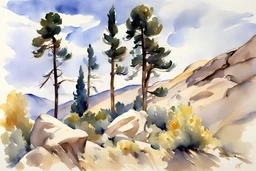 Landscape with Sunny day, clouds, mountains, rocks, john singer sargent Watercolor paintings