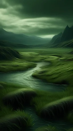 epic fantasy landscape mostly lush green with small area of dark evil swampland on one side