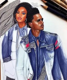 Fashion illustration, fashion drawing, Croquis, Hussein Suleiman, Jefferson Osei, Abderrahmane Trabsini, Fenty, mudcloth denim jacket, kente cloth, jeans, flare leg, African American model