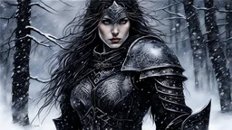 Hyper-photorealistic watercolor art style by Luis Royo , a warrior woman in black armor on the background of a cold snow-covered country, ice and crystal, frost and snow, hyperdetailed face, full body diagonal shot, encounters male bandits in dark fantasy countryside setting, absence of mysterious elements, dramatic lighting, ultrafine detail, octane rendering., by