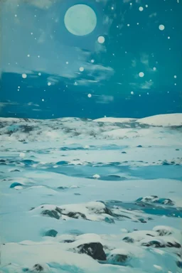 A cyan tundra with falling snowflakes painted by Lyonel Charles Feininger