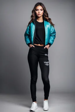 fullbody shot of young-beautiful-girl-with-a-perfect-face-with-make-up-wearing- sport pants and jacket standing , prophesional photography studio