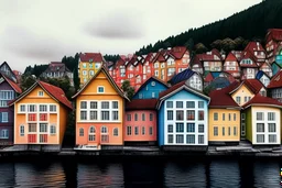 Colored pencil drawing, Very detailed, Realistic, Drawing of the colorfull houses in the city Bergen in Norway. Colorfull, professional, detailed, pencil strokes