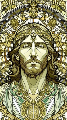 jesus portrait| centered | symmetrical | key visual | intricate | highly detailed | iconic | precise lineart | vibrant | comprehensive cinematic | alphonse mucha style illustration | very high resolution | sharp focus | poster | no watermarks, plain background