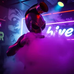 A exhaust pipe performing at dance club, his name is "exhaust pipe" and looks crazy, looks very aggressive look, Neon lights and smog, Im a "exhaust pipe" SIGN ON WALL