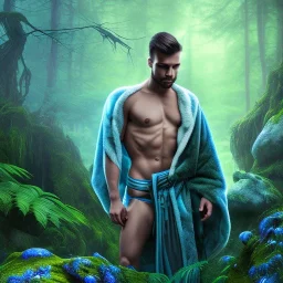 crazy detail, magical forest background, waterfall, blue but cloudy skies,close up of body of cute dark male poet sleeping wearing soft robes and blue gloves,dark stone statue, lively eyes,hidden hands, framed by foliage, shiny eyes, holding up scroll