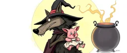 witch wolf carrying a lovely scared wtf are you up to, pig girl with dress under his arms, big cauldron in the background , stupid cartoon, airbrush and pen outline