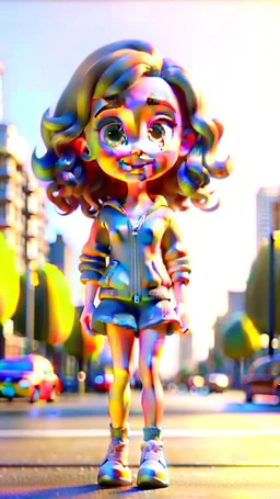 A beautiful, adorable cartoon little girl. curvy shiny hair, large sparkling eyes (like anime or Disney characters), a small face and delicate nose. A happy, innocent expression with a small smile standing in modern city open stage with prettyy shoes. Clean design, vibrant and warm colors, modern studio animation style, 4K quality.