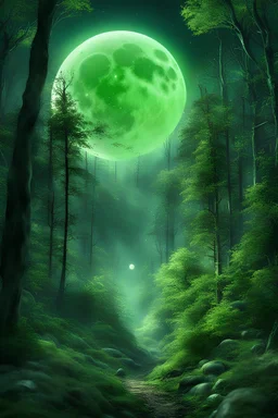 a translucent moon, with dust particles, looking down at a beautiful green fantasy forest