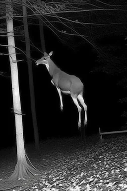 deer, Legs bent backwards, Barrel chested/bloated abdomen, Emaciation, Eyes belonging to unrelated animals, Forward-facing eyes, General bodily disfigurement, on hind legs, black and white, one two legs