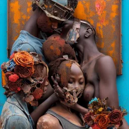 an abstract painting of rusted metal and flowers, african couple kissing portrait, rust, scaffolding, iron cladding, decay, mixed media, textured, anatomically correct, beautiful perfect face, sharp focus, highly detailed,new york slums, apartment building ,rundown, realistic, unity engine, bloom,cinematic lighting,blue tone, octane render,