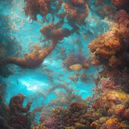 underwater ocean scene, bizarre sea creatures, beams of light streaming through, background of colorful reefs, a highly detailed illustration, realistic render, 8 k, micro detail, intricate, elegant, centered, digital painting, smooth, sharp focus, illustration, artgerm, tomasz alen kopera, peter mohrbacher, donato giancola, joseph christian leyendecker, wlop, boris vallejo