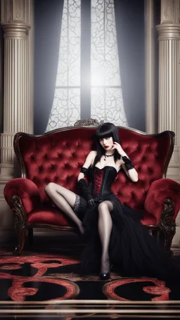 Full-body shot, of slender goth woman, lying on a couch, long straight brunette hair with bangs, fair skin, red lips, slender, flared skirt, corset, stockings. fantasy background.