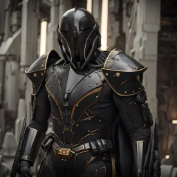 star wars bald male corellian pilot wearing pearlescent black and gunmetal grey First Order special forces heavy assault armor and helmet with gold trim inside the jedi temple, centered portrait, hyperdetailed, dynamic lighting, hyperdetailed background, 8k resolution, volumetric lighting, light skin, fully symmetric details