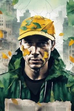 background old, cracks, yellow, torn canvas, gouache, double exposure, man, baseball cap, 40 years old, fine drawing, blots, newspaper scraps, leaves, green, autumn, rain, city, branches, 8K, double exposure