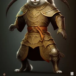 Character design, anthropomorphic cat dressed as a Shaolin, dark, evil, furious, epic, intricate details, finaly detailed armor, silver, golden