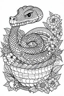 Outline art for coloring page, RATTLESNAKE IN A FLOWERY BASKET, coloring page, white background, Sketch style, only use outline, clean line art, white background, no shadows, no shading, no color, clear