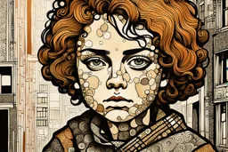 create an abstract cubist, lithographic print illustration of an epic grubby and ragged, sad eyed,17th century female Paris street urchin with highly detailed and deeply cut facial features, in the style of GUSTAV KLIMT, EDWARD BURNE-JONES, WILLIAM MORRIS, and KATHE KOLLWITZ combined with the comic art style of BILL SIENKIEWICZ and JEAN GIRAUD MOEBIUS, searing lines and forceful strokes, precisely drawn, boldly inked, and darkly colored