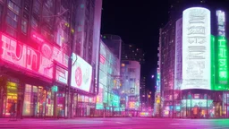 a billboard branded writing ODK Tokusentai , with neon light green and white , in the city center, at night . At Montréal