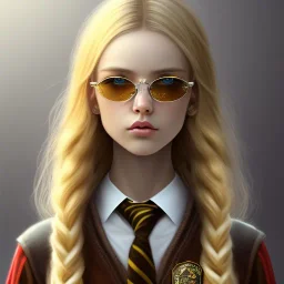 Girl with long wavy brown blond hair, yellow hawk eyes. Wears Hogwarts Hufflepuff uniform and sunglasses with a yellow clip.