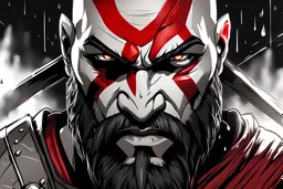 Kratos in 8k 2D anime realistic drawing style, ghost of Sparta them, neon, close picture, rain, highly detailed, high details, detailed portrait, masterpiece,ultra detailed, ultra quality