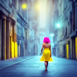 Beautiful lonely girl who walks along a street without people at dawn. You see her from behind. She wears a very short yellow dress. She has short pink hair with glowing crystals. Full body, 8k resolution concept art. Professional Photo HD. Stylish. Warm vivid colors. Panoramic