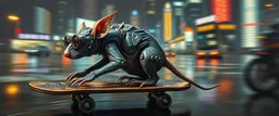 master oil painting by Rembrandt,the tilted quilter,glasses and ticks, cyberpunk imagery synchronized mechanical gremlin rat bat laying low, drumming kit flat board trike flickering stable core, wet reflective salt flat city, fast motion blur background