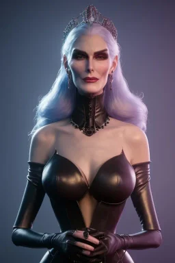 Carmen Dell`orifice as evil queen in black leather, leather, busty, cleavage, angry, stern look. character design by cory loftis, fenghua zhong, ryohei hase, ismail inceoglu and ruan jia. unreal engine 5, artistic lighting, highly detailed, photorealistic, fantasy