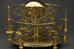 Art Nouveau steampunk orrery, with clockfaces, cogs, springs, polished brass