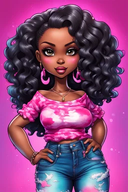 vibrant psychedelic comic book image, airbrush, 48k, cartoon art of a chibi curvy black female wearing torn jeans pants and a pink tie dye off the shoulder blouse. Prominent make up with lush lashes. Highly detailed sleek wavy ponytail