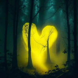 yellow fog in the forest at night with an electric heart