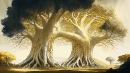 Valinor, tolkien, two giant trees, one giant golden tree, one giant silver tree,