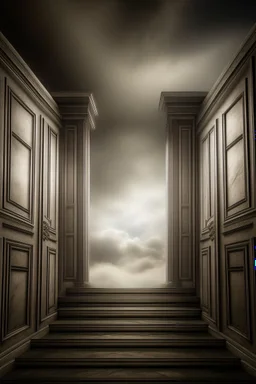 two doorways. behind first door glass glossy staircase made of clouds leads up to the heaven. behind second door staircase made of stone leads down to the hell