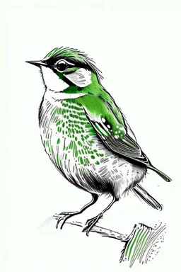 Inking illustration of a small bird. White background. Fine lines. Realistic bird. Green bird.