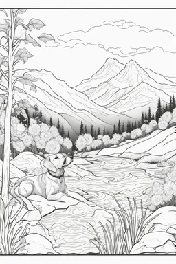 Playful Golden Labrador in a lively field of sunflowers, butterflys, mature coloring artwork, contour, vector, clean line art, white background, detailed, black and white, in the style of Mandala design